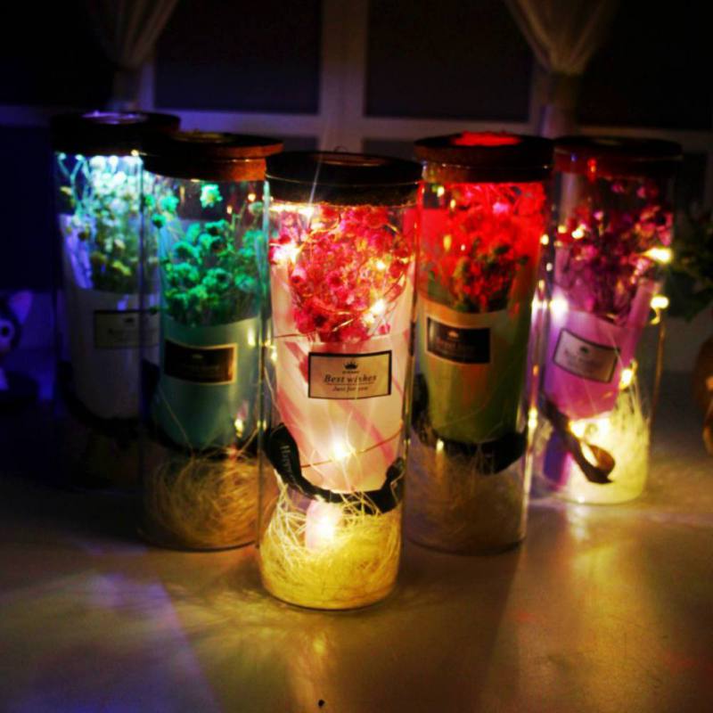 Dried Flower in a Glass Dome with LED Light String Gift Women Girls Sweet  Birthday Valentine\'s Day Mother\'s Day Color Random
